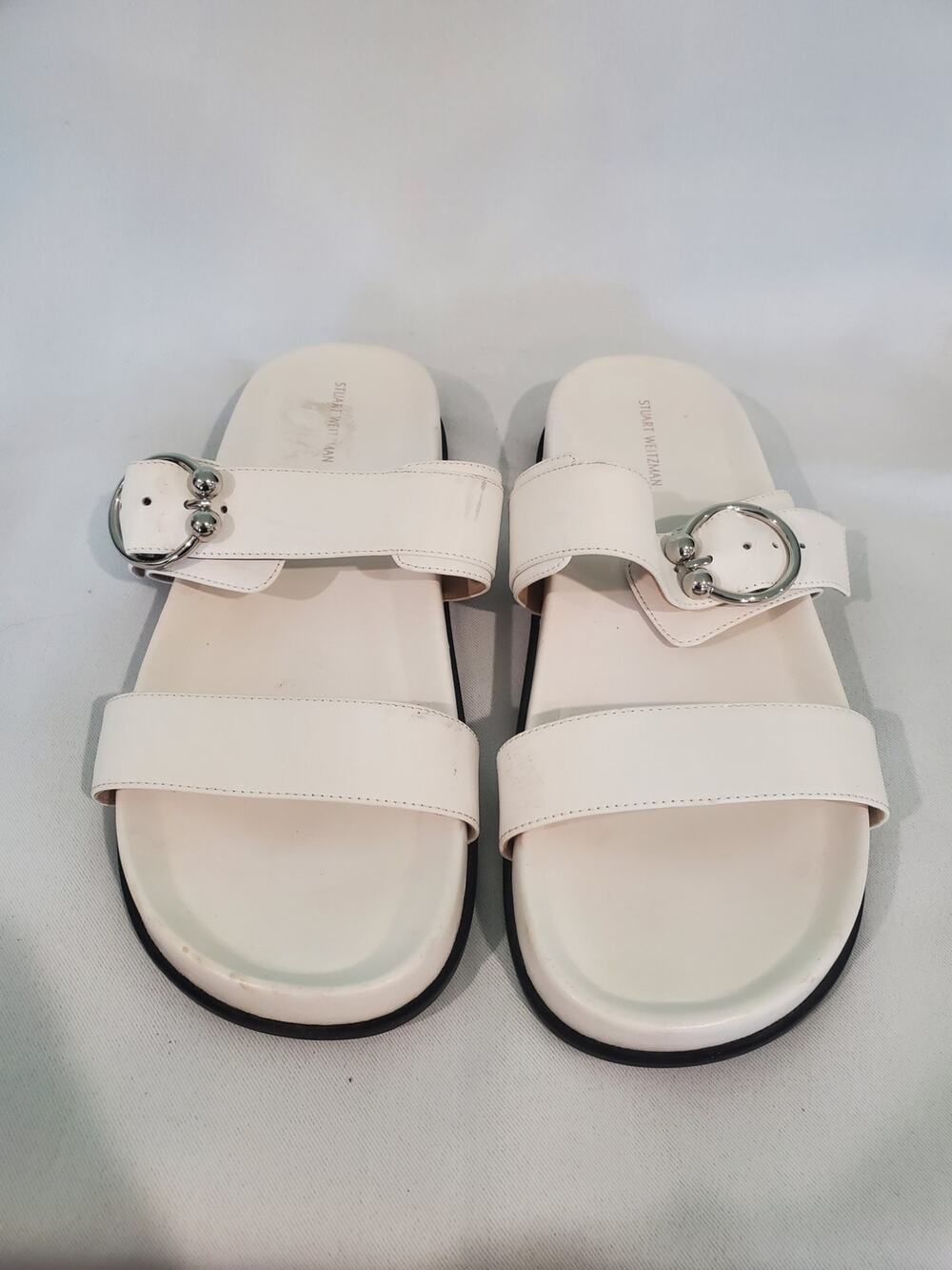 Stuart Weitzman Joni Sandal White Slide Flats Silver Buckle size10.s59